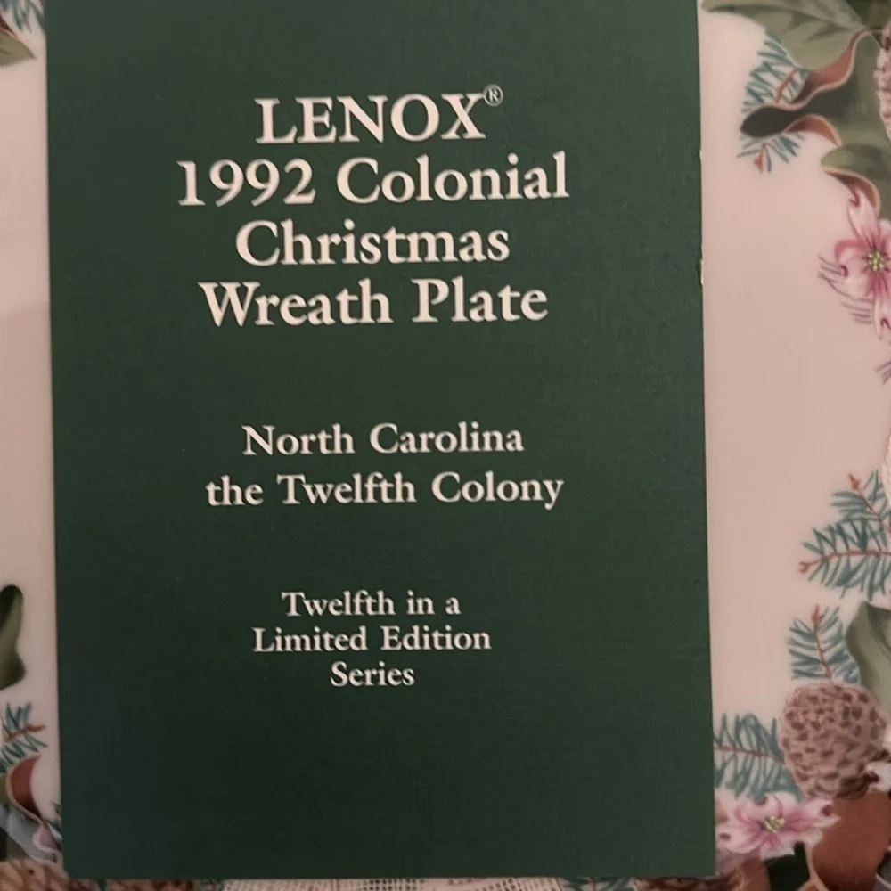 Lenox 1992 Colonial Christmas Wreath Plate North Carolina #12 in Series
